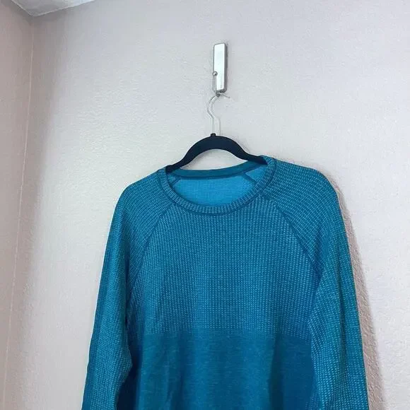 Lululemon Men’s Tech Long Sleeve Men’s Shirt Large Teal Green Logo Lightweight - Picture 5 of 8